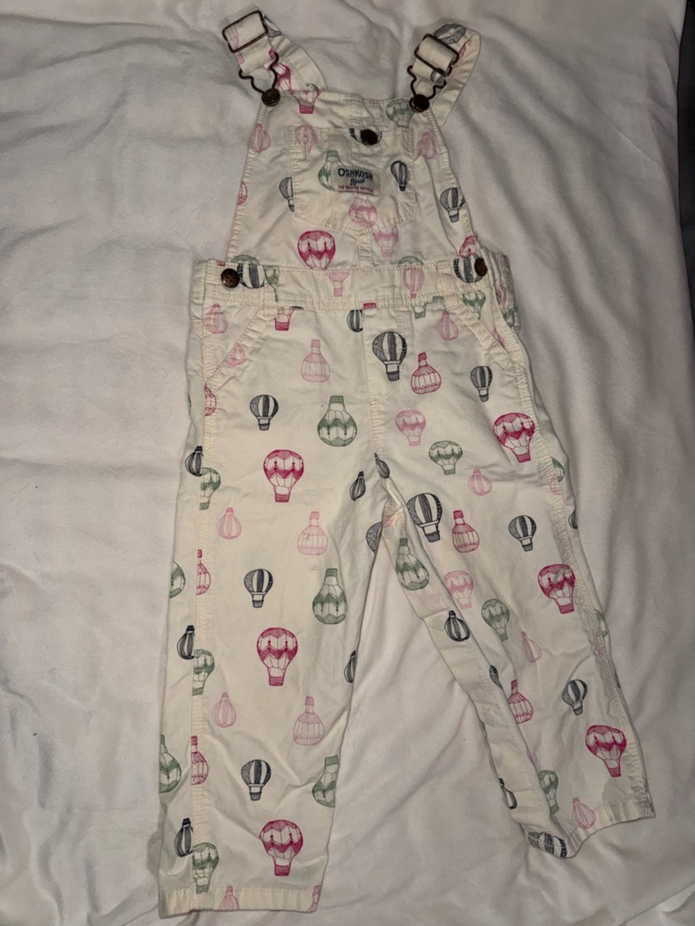 OshKosh B'gosh Cream Overalls with Pink, Green & Blue Hot Air Balloons